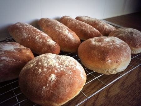 Freshly baked white rolls; dough made in bread maker.